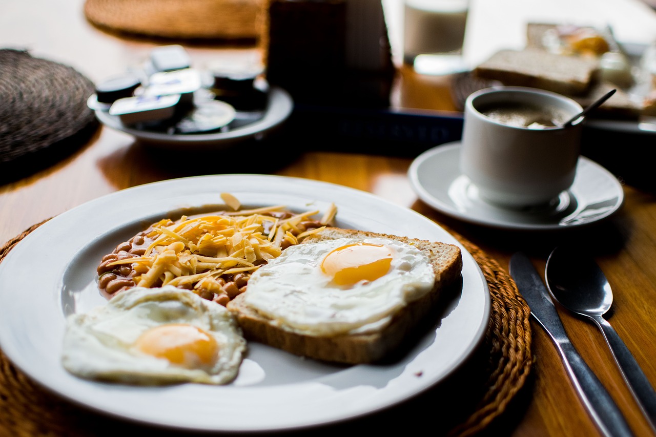 breakfast with eggs, toast and coffee